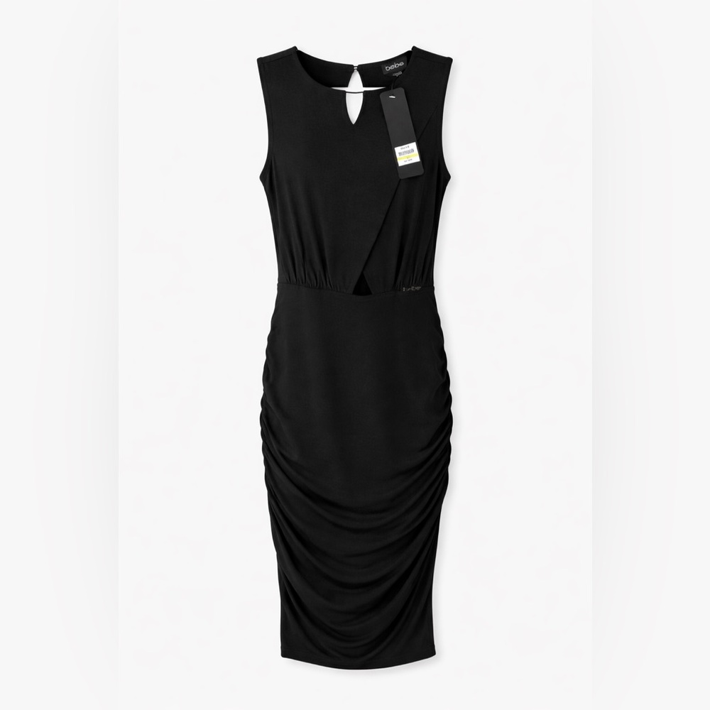 Bebe Black Ruched Bodycon Midi Dress Gold Logo Triangle Cutout M NWT